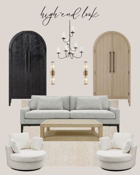 Modern living room high end look:
Gray sofa modern. Natural wooden coffee table. White swivel accent chairs. Beige rug rustic. Black cabinet tall. Natural wooden cabinet tall. Gold sconces modern. Black chandelier traditional.

#LTKsalealert #LTKhome