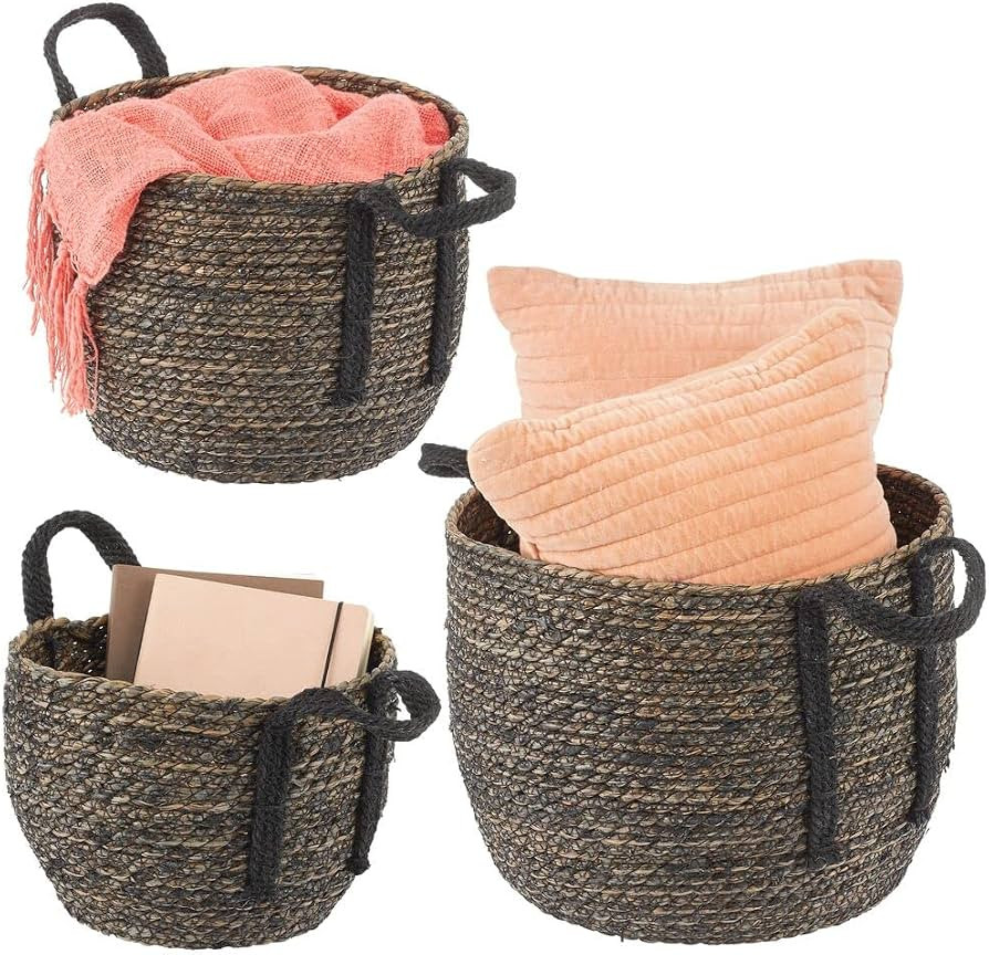 mDesign Round Braided Seagrass Woven Storage Basket with Jute Handles - Rope Weave Circle-Shaped ... | Amazon (US)