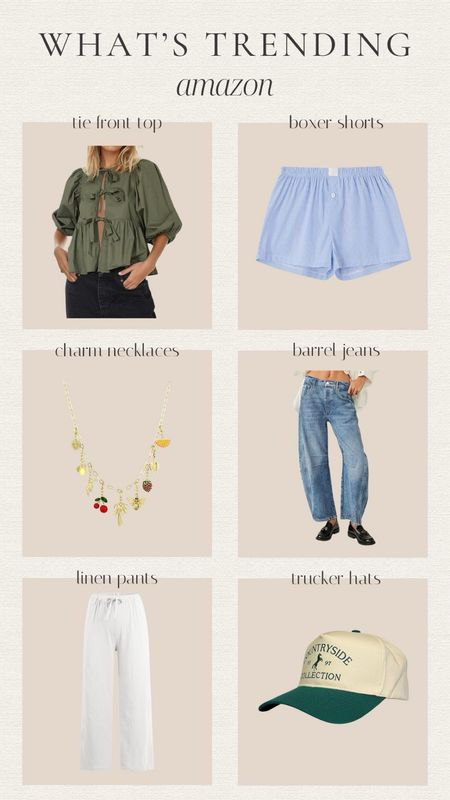 All of the latest trends available on Amazon! 

Barrel jeans | charm necklace | tie front top | linen | trucker hat | boxer 

#LTKstyletip #LTKfindsunder50 #LTKSeasonal