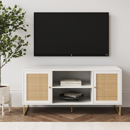 Nathan James Mina Modern TV Stand, Entertainment Cabinet, Media Console with a Natural Rattan Sto... | Amazon (US)