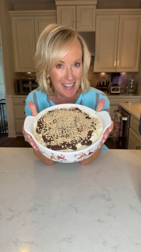 If you grew up loving Drumstick ice cream cones, then this recipe is for you!🍦🍫 This dessert takes that nostalgic summer favorite and turns it into an easy, no-bake ice cream pie with all the delicious chocolate crunch you remember in every bite. You only need a few ingredients to put it together and it’s the perfect dessert to make ahead when you want something fun that everyone will be excited to dig into! 😋🩵 Check out the recipe and the links to my look and the set of Birchwood Pie Plates I used for this dish below!  Drumstick Ice Cream Cone Pie 
Ingredients:
-12 sugar cones
-2 tablespoons sugar
-6 tablespoons melted butter
-1.5 qt vanilla ice cream softened
-7.5 oz bottle chocolate shell
-1/3 c chopped Heath Bar

Directions:
-Add the sugar cones, sugar and melted butter to a food processor and pulse until crumbled. -Press into a 9 inch pie pan until evenly spread.
-Freeze for 2 hours.
-About 45 minutes before removing crust from the freezer, let the ice cream sit on the counter to soften.
-Spoon into the crust spreading out evenly.
-Pour the chocolate shell over top and sprinkle with Heath Bar chunks before it hardens.
-Return to freezer again for another 2 hours before serving.