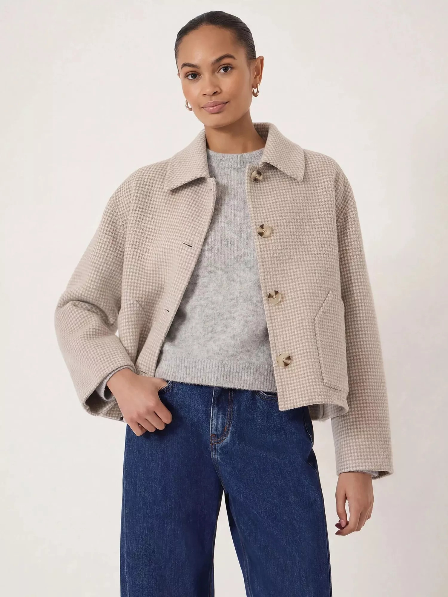 Check Double Faced Wool Rich Jacket, Oatmeal Grey | John Lewis (UK)
