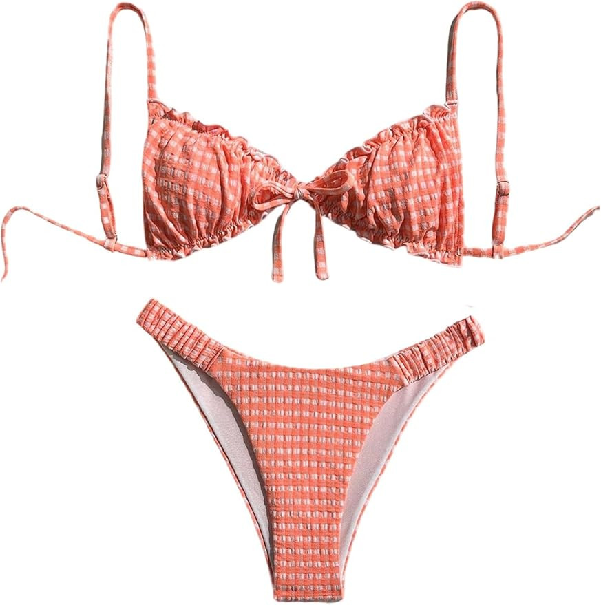 RoseSeek Women's 2 Piece Gingham Bikini Sets Tie Front Frill Bathing Suit Set Wireless Padded Swi... | Amazon (US)