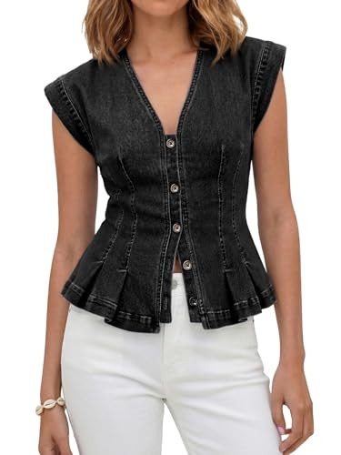 Tankaneo Womens V Neck Denim Vests Tops Trendy Summer Casual Button Down Y2k Fitted Pleated Sleev... | Amazon (US)