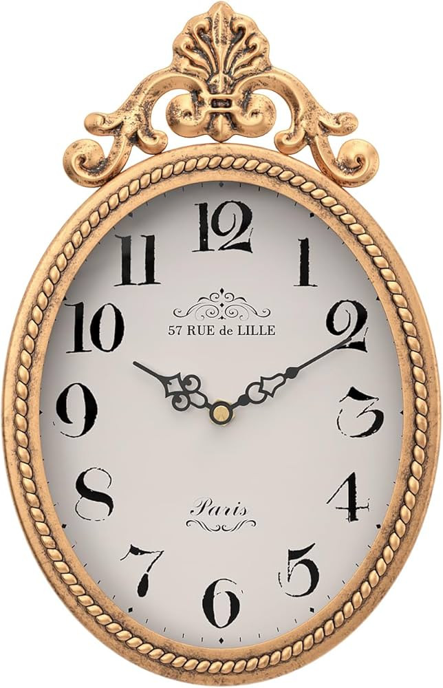 Abdurey Small French Retro Decorative Wall Clock, Antique Gold Vintage Oval Style,Silent Battery ... | Amazon (US)