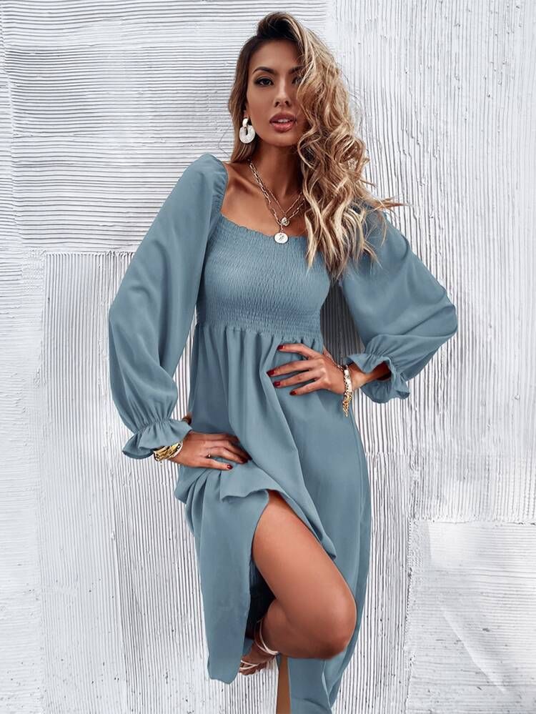 Square Neck Flounce Sleeve Shirred A-line Dress | SHEIN