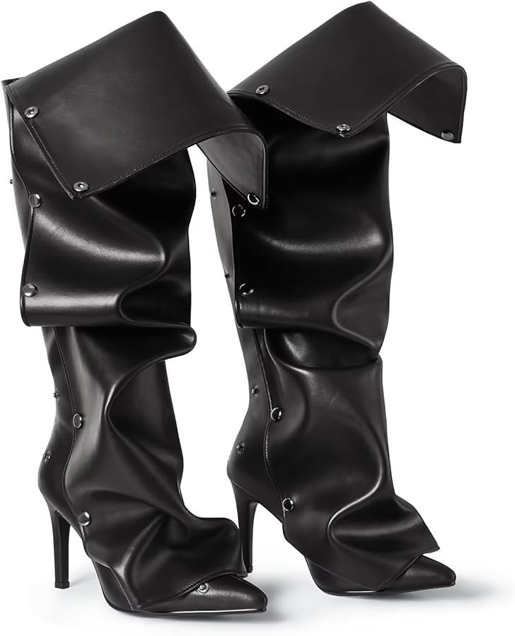 Denim Knee High Boots Black Stiletto Heel Pointed Toe with Detachable Silver Buckle and Floral Em... | Amazon (US)