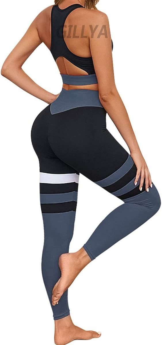 GILLYA Yoga Workout Outfits for Women 2 Piece Set, High Waisted Striped Gym Leggings Top Bra Set,... | Amazon (US)