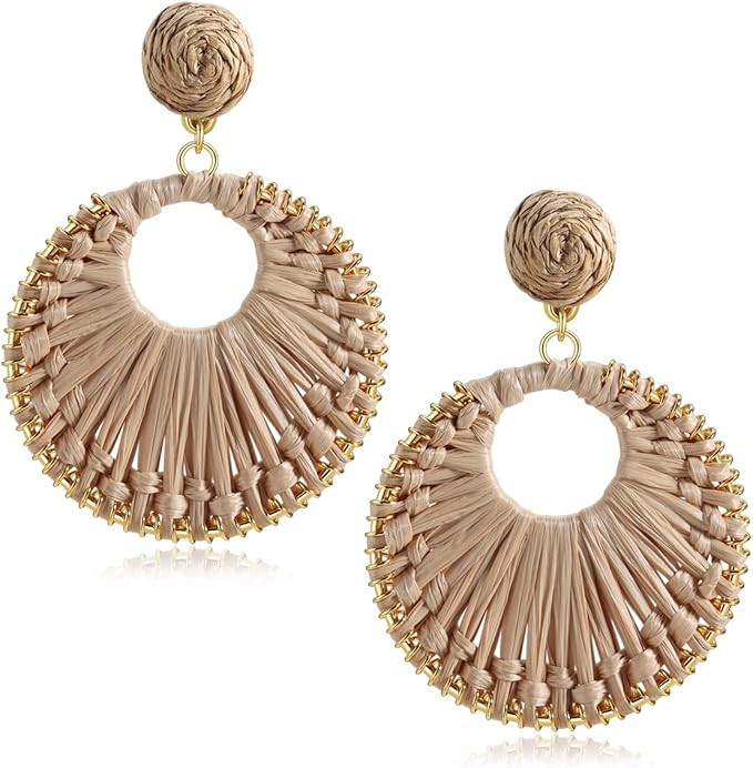Statement Raffia Earrings for Women Girls - Boho Raffia Rattan Round Drop Earrings - Trendy Summe... | Amazon (US)