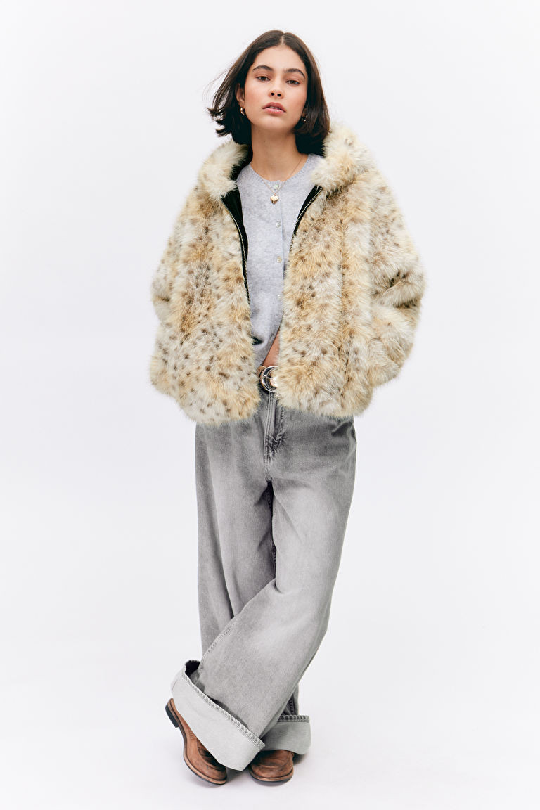Hooded Faux Fur Jacket | Monki