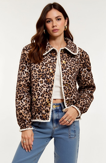Modenaire Leopard Print Button-Front Contrast Trim and Collar Jacket | Nordstrom | Nordstrom