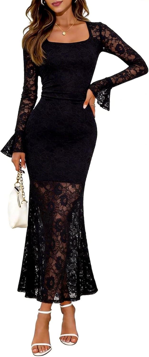 Elegant Women's 2026 Bell Long Sleeve Lace Maxi Dress | Amazon (US)