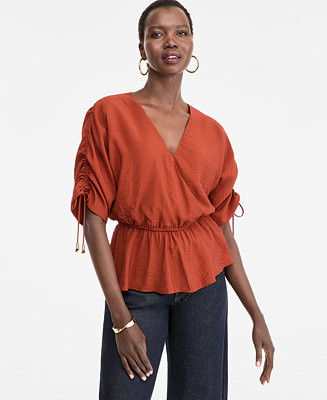Women's Short-Sleeve Faux Wrap Peplum Top | Macy's
