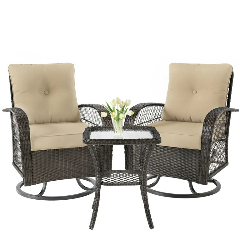 Techmilly 3 Pieces Patio Furniture Set, Outdoor Swivel Gliders Rocker, Glass Top Side Table  (Kha... | Walmart (US)