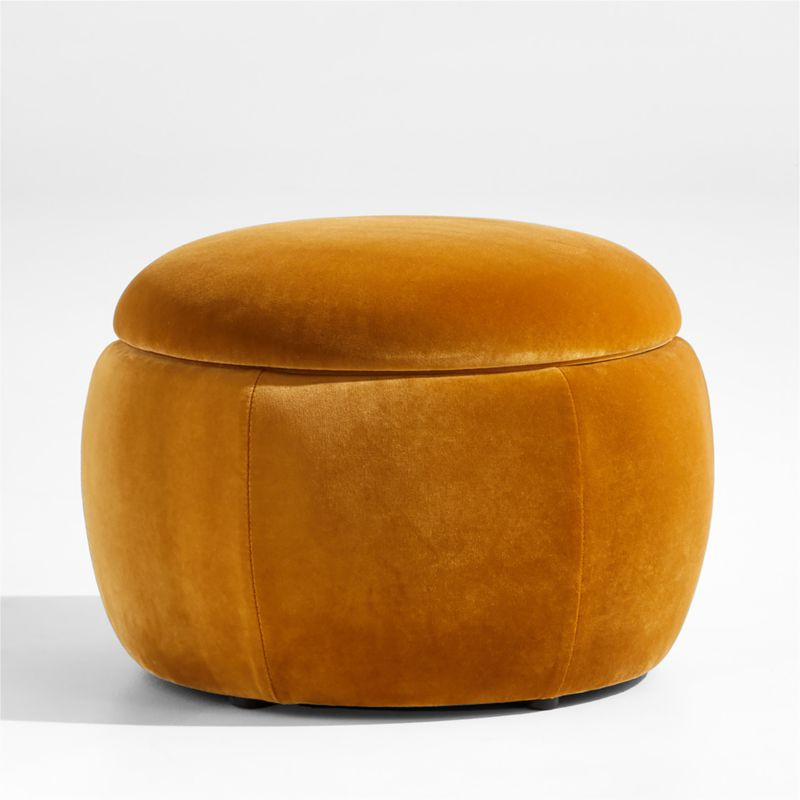 Pollie Marigold Velvet Round Storage Ottoman | Crate & Kids | Crate & Barrel