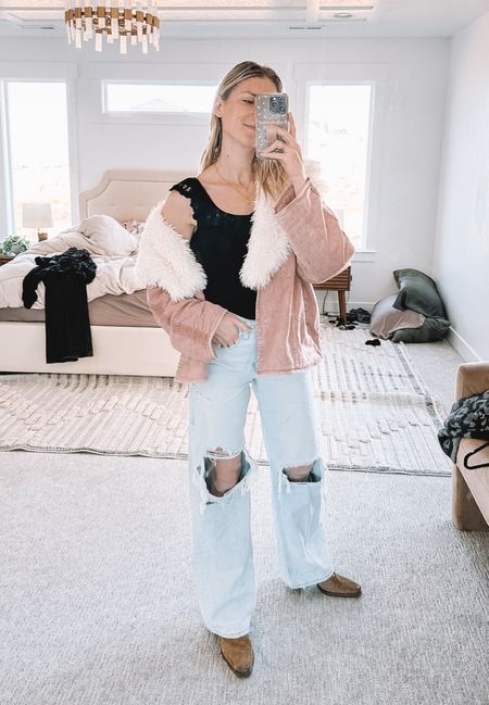prettiest Sezane tank with ruffle neckline, baggy jeans from free people (size up if between sizes), top worn jacket with removable fur collar 

#LTKstyletip #LTKfindsunder100 #LTKSeasonal
