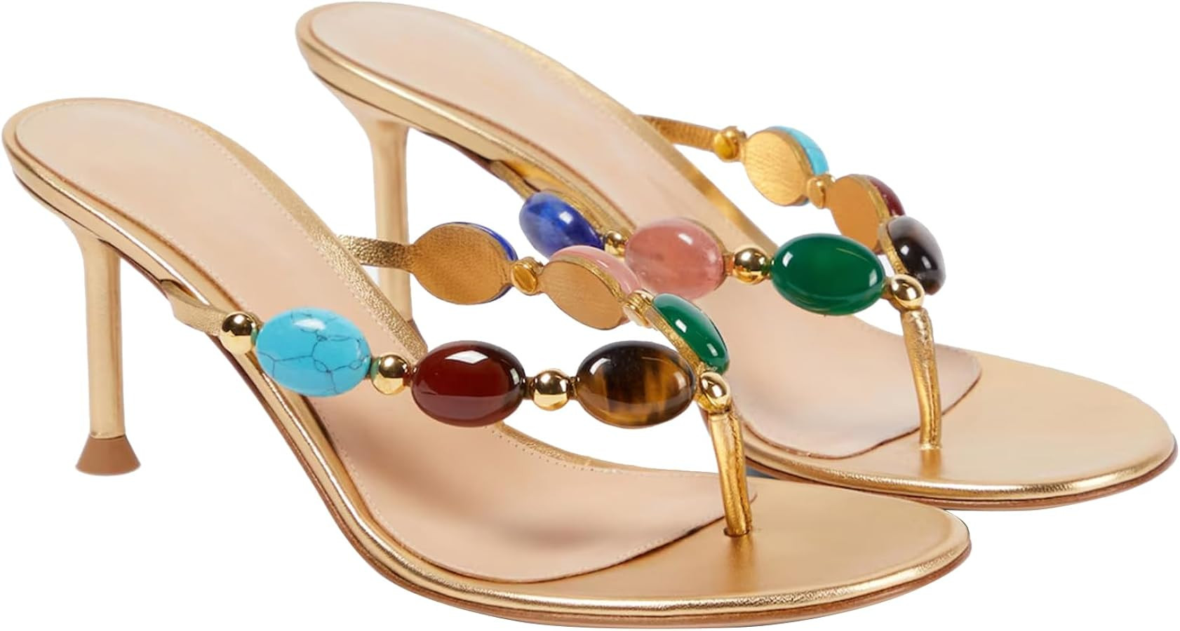 Women's Jeweled Thong Strappy Sandal Summer Mules Kitten Heels Flip Flop Round Open Toe Mid Heels... | Amazon (US)