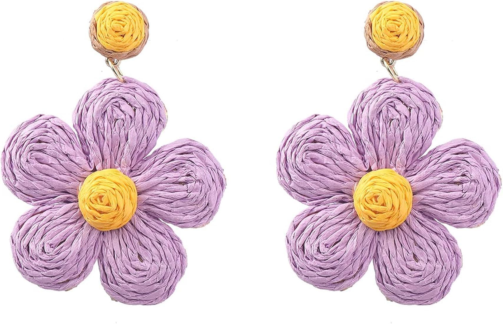 Rattan Earrings Dangle for Women - Shysnow Raffia Wrapped Flower Boho Drop Earrings Wicker Handma... | Amazon (US)