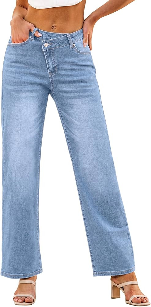 GRAPENT Baggy Jeans for Women High Waisted Straight Leg Crossover Trendy Stretch Denim Pants Slou... | Amazon (US)