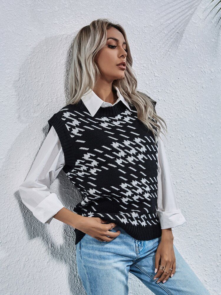 Houndstooth Pattern Sweater Vest | SHEIN