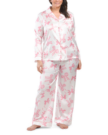 Satin Bow Print Notch Collar Pajama Set | TJ Maxx