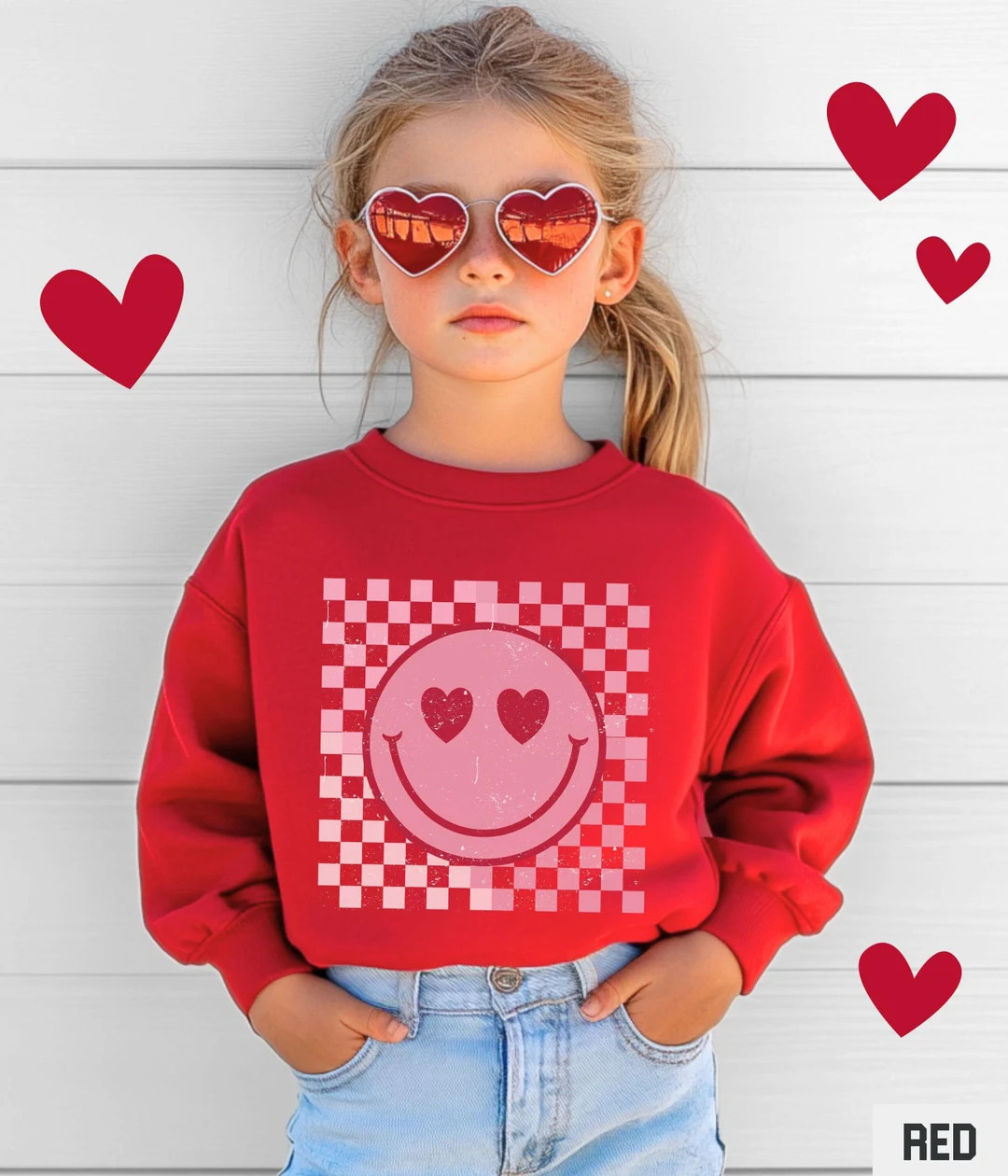 Girls Smiley Face Sweatshirt, Valentines Day Smile Shirt, Cute Heart Youth Retro Happy Face Crewn... | Etsy (US)