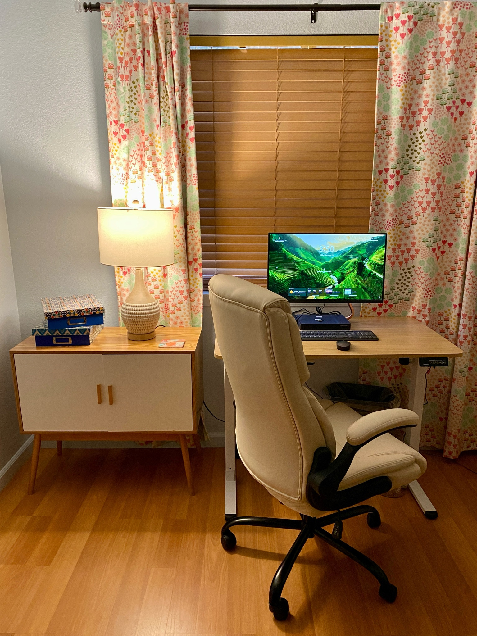 Home Office For Her 
Leather office chair, electric adjustable standing desk, small cabinet, side table lamps, and office accessories. Many of the items are on sale. #homeoffice 

#LTKHome #LTKSaleAlert