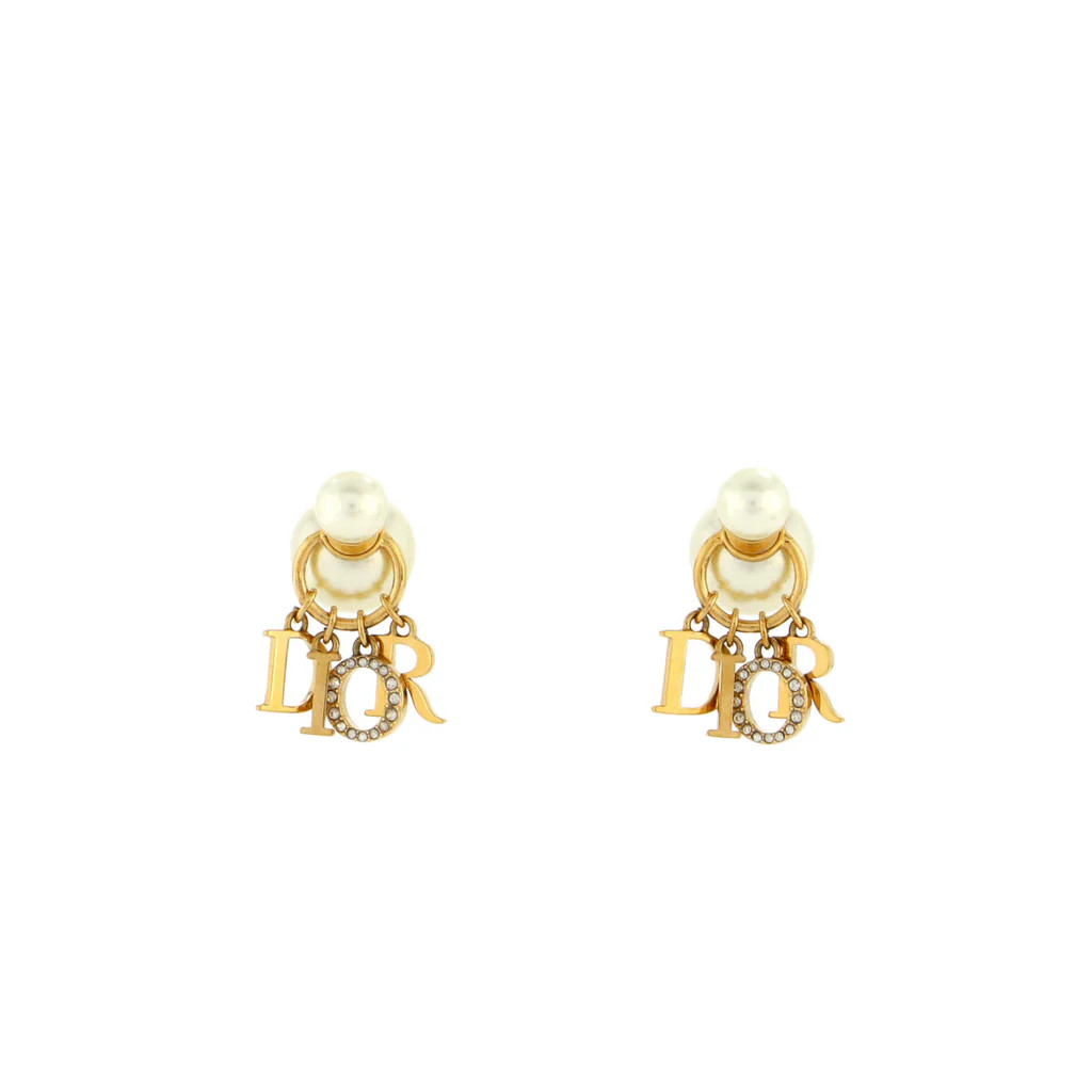Tribales Dangle Dior Logo Stud Earrings Metal with Faux Pearls and Crystals | Rebag