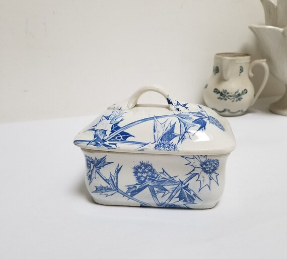 Antique French Longchamp CM Chardon Lidded Butter Dish. Chardon Blue and White Thistle Butter Dis... | Etsy (US)