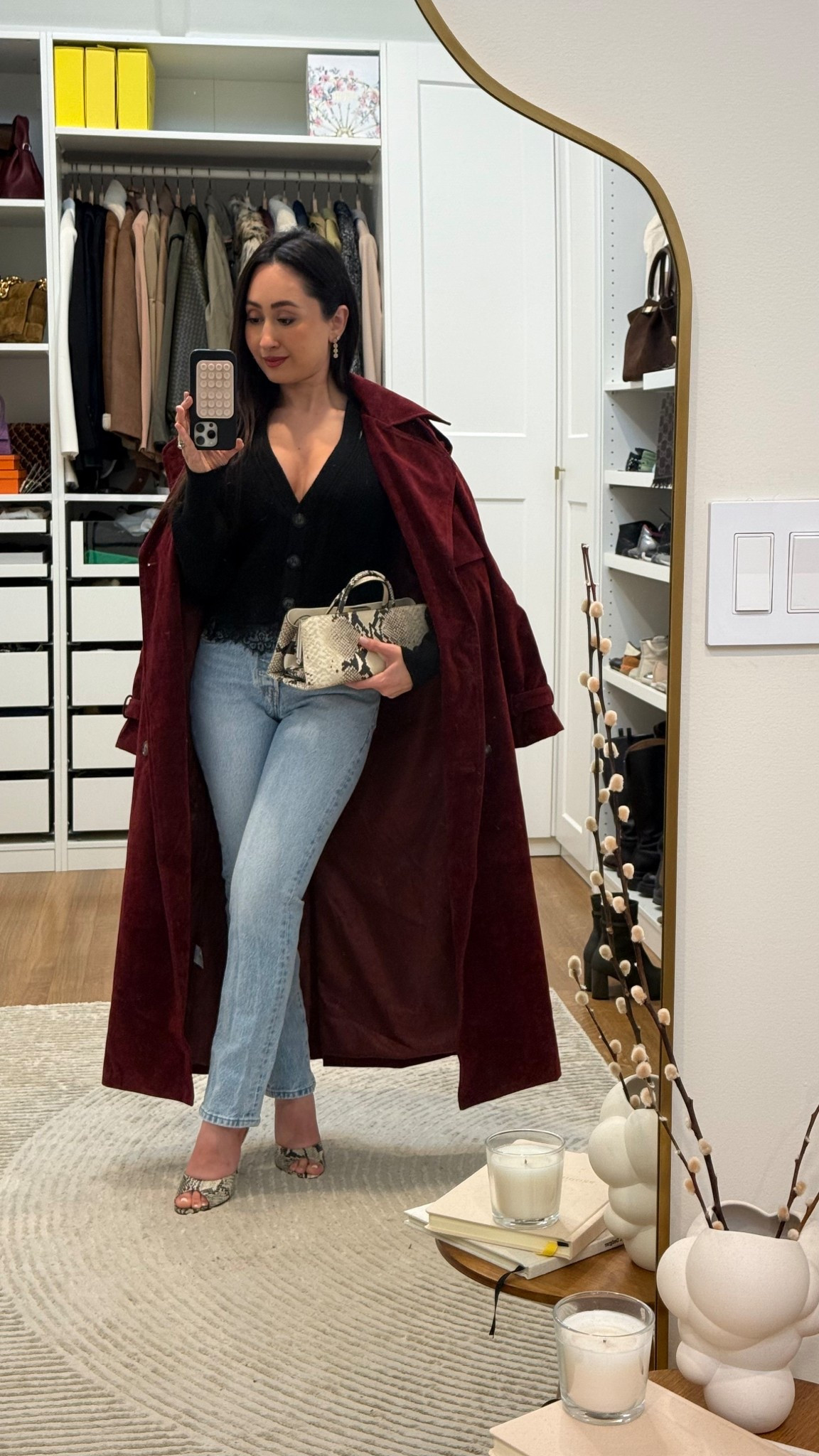 Code “sivanejad_12” for discount on Commense!
Burgundy trench + detailed black cardi, classic denim, and snake print accessories for the perfect statement touch.

#LTKspring #LTKSpringSale #LTKootd
