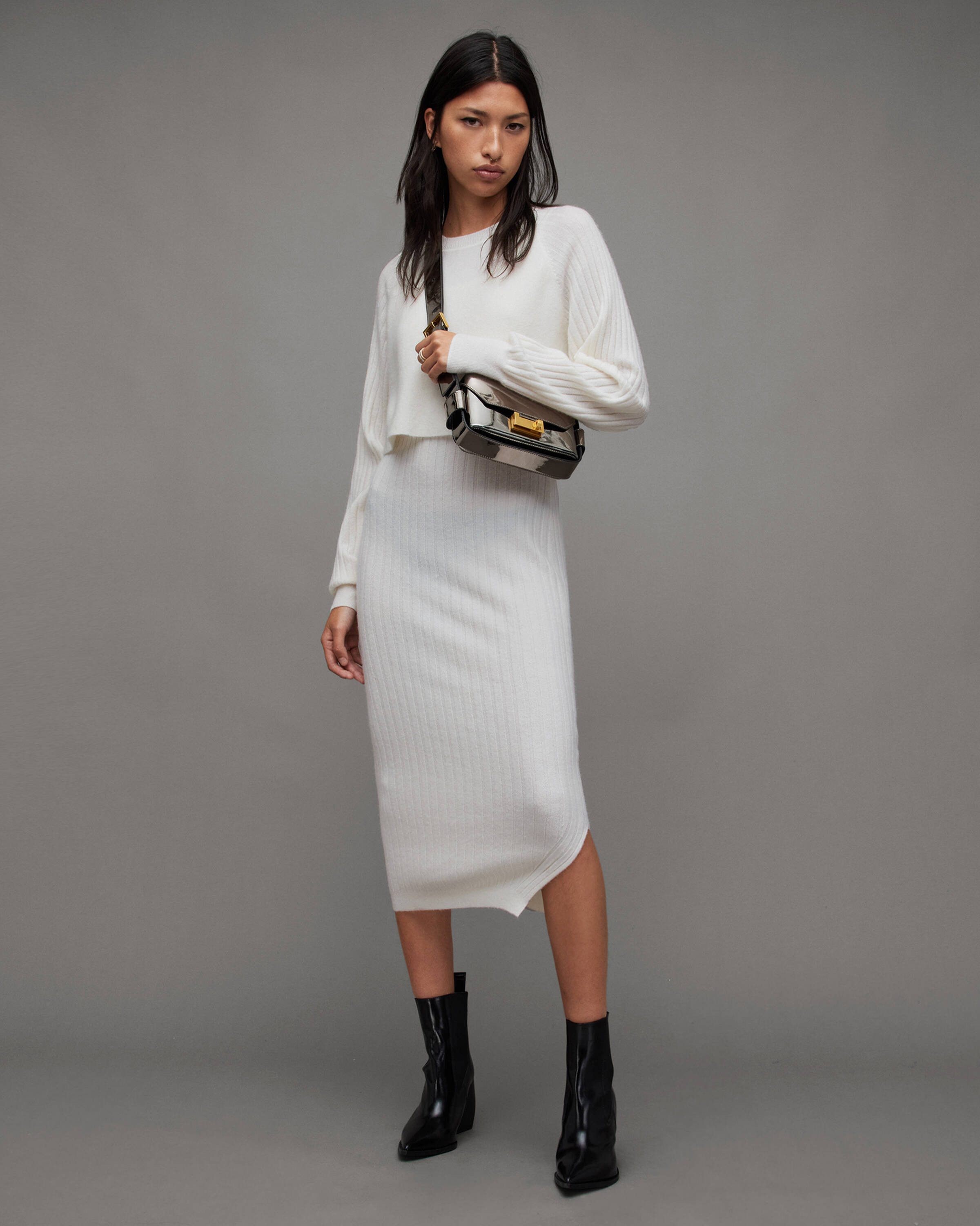 Margot 2-In-1 Ribbed Crew Neck Midi Dress Black | ALLSAINTS US | AllSaints US