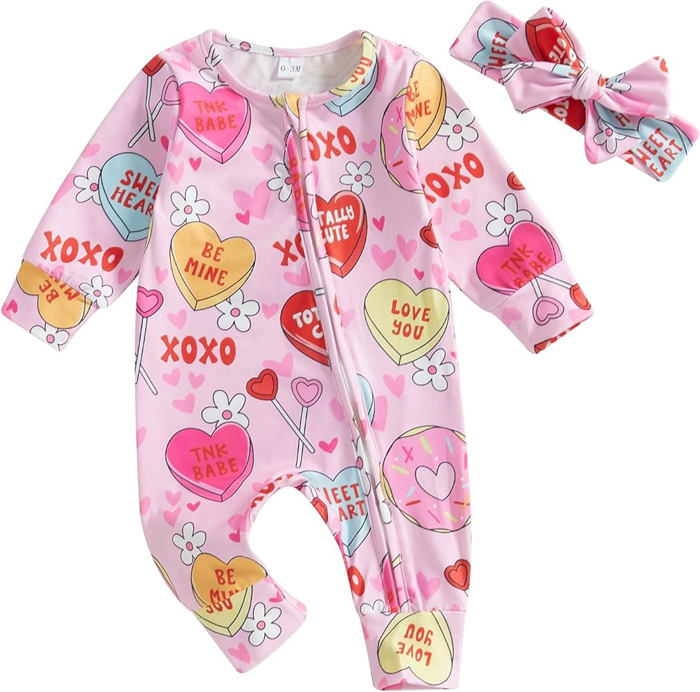 Lamuusaa Newborn Baby Girl Valentines Day Outfit Heart Long Sleeve Romper Zipper Bodysuit Jumpsui... | Amazon (US)