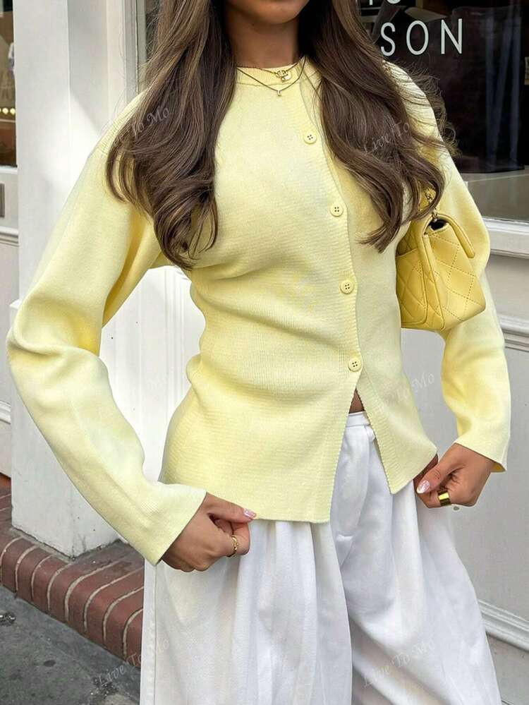 Live To Mo Fall Women Clothes Butter Yellow Cardigan With Long Sleeves And Buttons, Casual Y2K Style. Perfect For Back-To-School, Going Out Tops Women And Daily Wear. | SHEIN