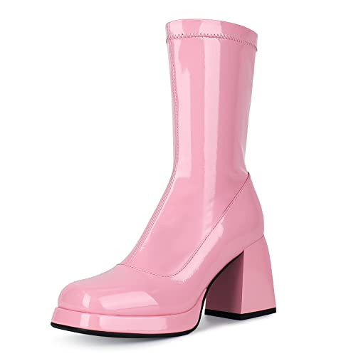 JEDKARAR Hot Pink Platform Go Go Boots Hot Pink Boots Chunky Go Go Boots Chunky Boots for Women Pink Platform Boots for Women Platform Pink Boots Mid Calf Boots for Women | Amazon (US)