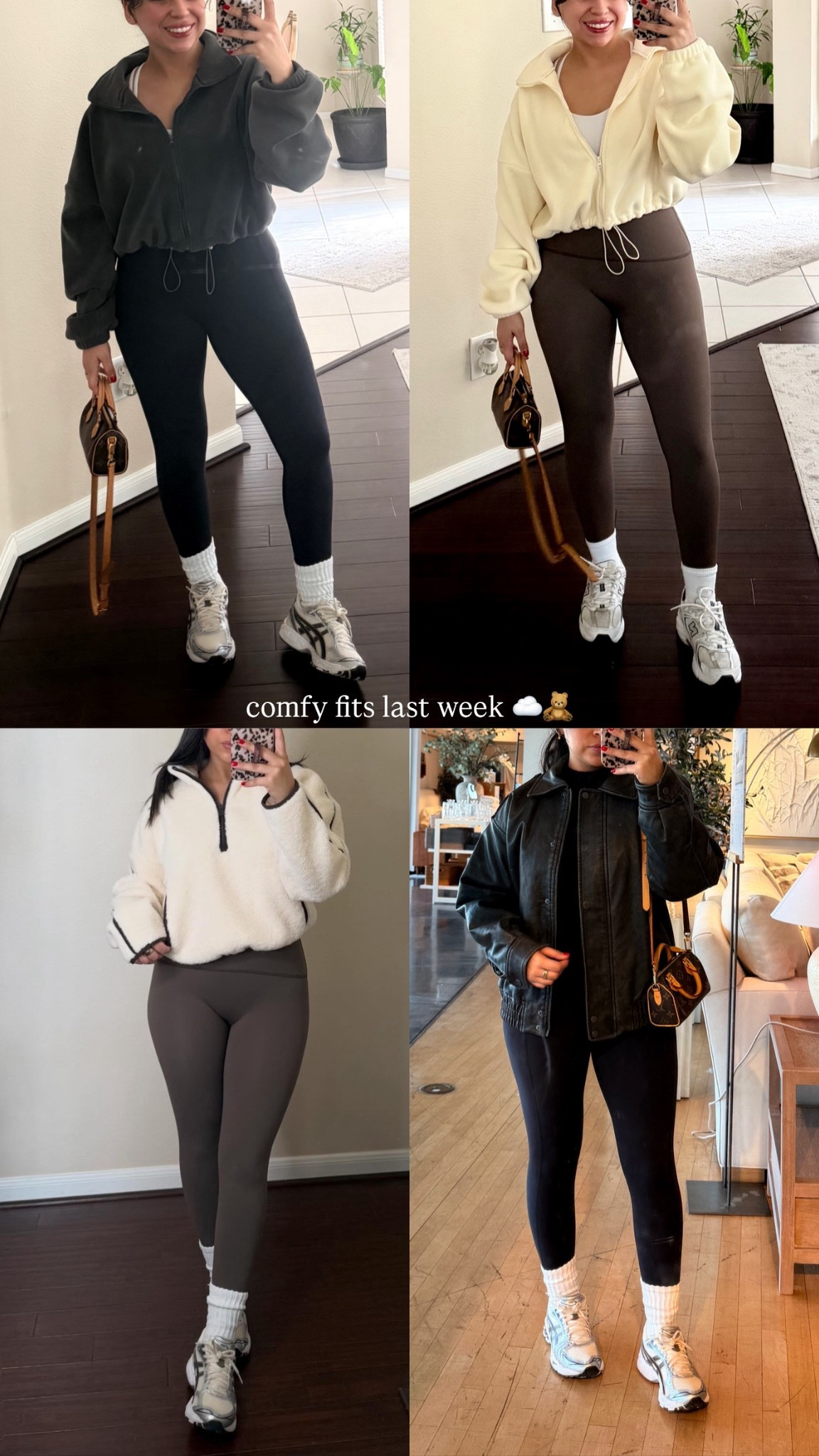 Comfy outfits 
Leggings: small 
Zip jackets: small 
Half zip jacket: xs 
Faux leather jacket: small 
Nano speedy bag 
ASICS sneakers: 5
New balance 530 sneakers: 4.5 men 

#LTKPetite #LTKSaleAlert #LTKActive