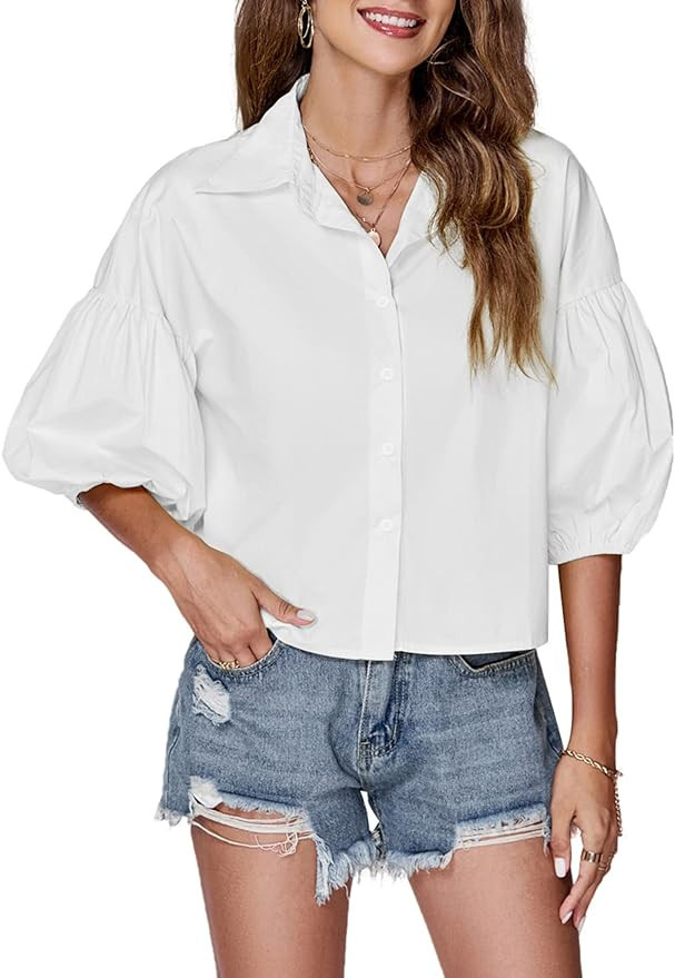 LYANER Women's Collar V Neck Button Down Lantern Short Sleeve Blouse Crop Top Shirt | Amazon (US)