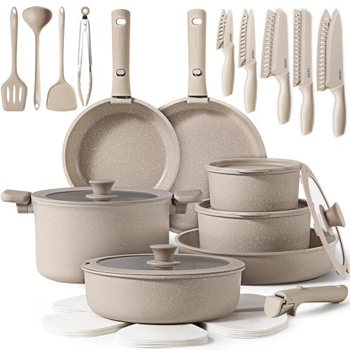 CAROTE 33pcs Pots and Pans Set Non Stick, Cookware Set, Removable Handle Pots and Pans Nonstick, RV Oven Safe Cookware, Induction Kitchen Cookware Set, Knife Set, Taupe | Amazon (US)