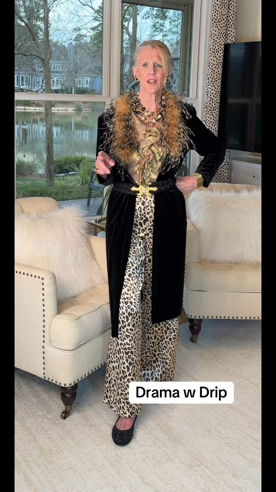 agewithstyle_ Be the Drama w Drip! It's definitely "too and extra". Just "Why Not" fun for an Evening. There's enough Winter left for multilayer dressing. So Try silk wide leg leopard pants w a black velvet trench-coat, pearl and Ebony belt, necklace and earrings as accessories -then throw in a little Malibu for fluffy color and fun over trending Lurex ruffles. #foryou #fashion #style #leopard #black #drama #drip #extra #diva 

#LTKOver40 #LTKPlusSize #LTKootd