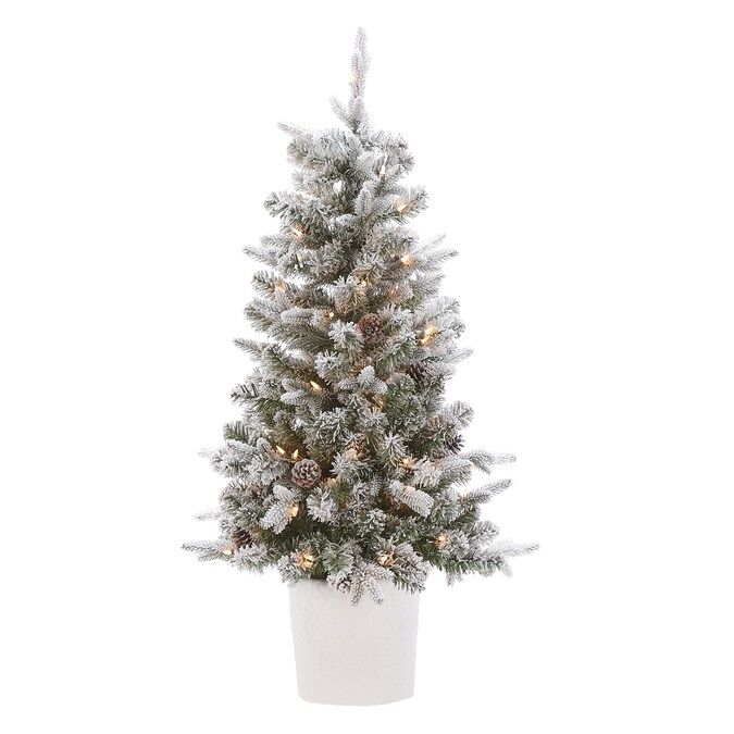 Holiday Living 4-ft Pine Pre-lit Traditional Slim Flocked Artificial Christmas Tree with 100 Cons... | Lowe's