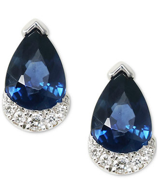 Sapphire (1 ct. t.w.) & Diamond (1/20 ct. t.w.) Pear Stud Earrings in 14k White Gold | Macy's