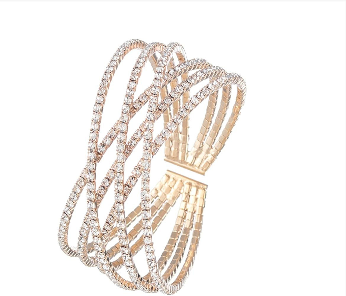 AZFEIYA 18k Rose Gold Plated Cubic Zirconia Cuff Bangle Sparkly Rhinestone Bridal Wedding Stateme... | Amazon (US)