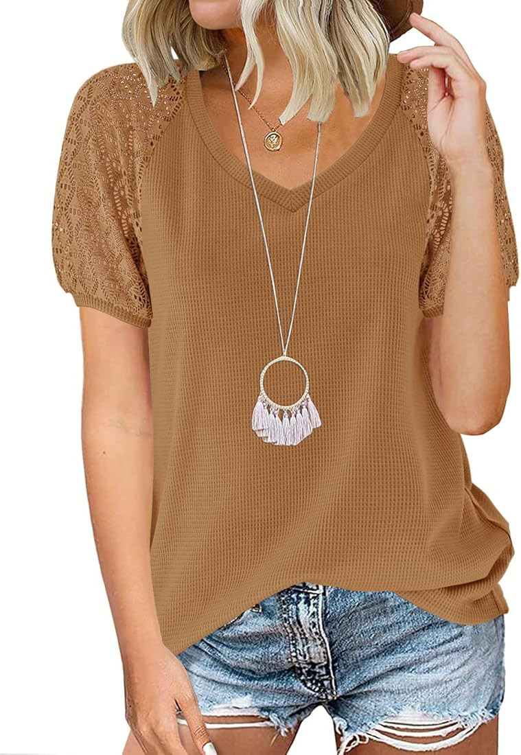 MEROKEETY Women's Summer Lace Short Sleeve V Neck Tops Shirt Loose Casual Waffle Tee Blouse | Amazon (US)