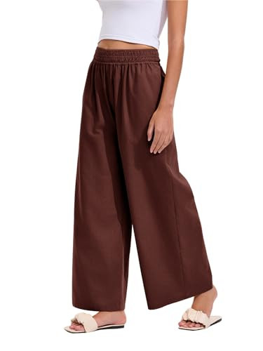 Les umes Womens Linen Wide Leg Pants Elastic Waist Cotton Loose Casual Baggy Trousers with Pockets Brown XXL | Amazon (US)