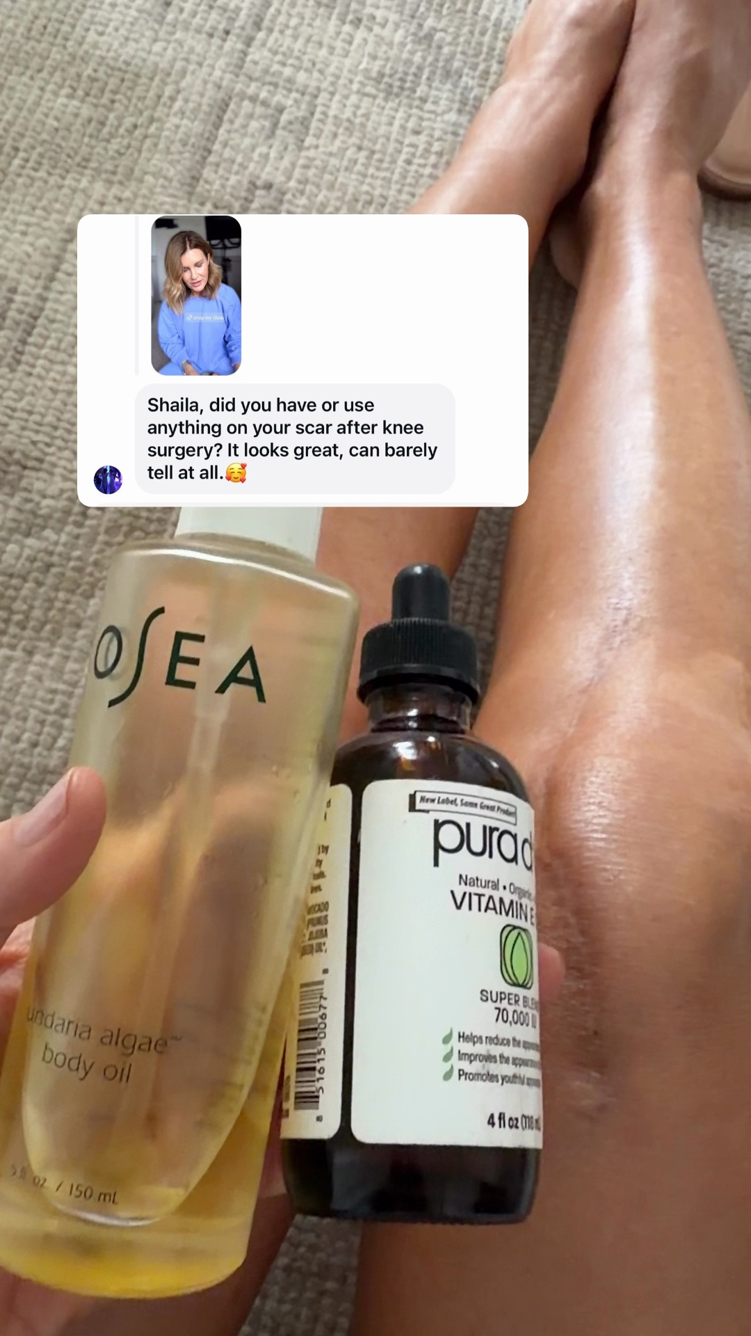 Vitamin E oil and OSEA undaria algae body oil 
Body blur to camouflage 

#LTKselfcare #LTKBeauty #LTKOver40