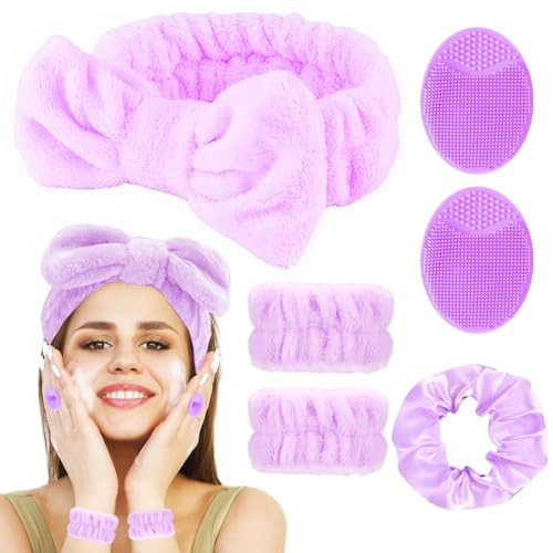 FOSUYI Spa Headband for Washing Face Sponge Bubble Headbands Face Wash headband and wristband set for Women Girls Makeup Skincare Cute Head Wear Portable Hair Accessory for Travel (Purple02) | Amazon (US)