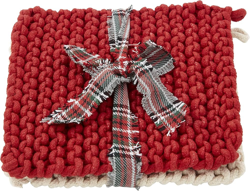 Mud Pie Christmas Crochet Pot Holder Set, White & Red, 8" x 8" | Amazon (US)