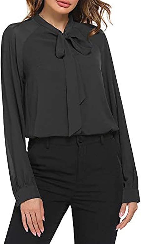ACEVOG Women Bow Tie Neck Blouses Casual Tops Long Sleeve Button Shirts XS-XXL | Amazon (US)