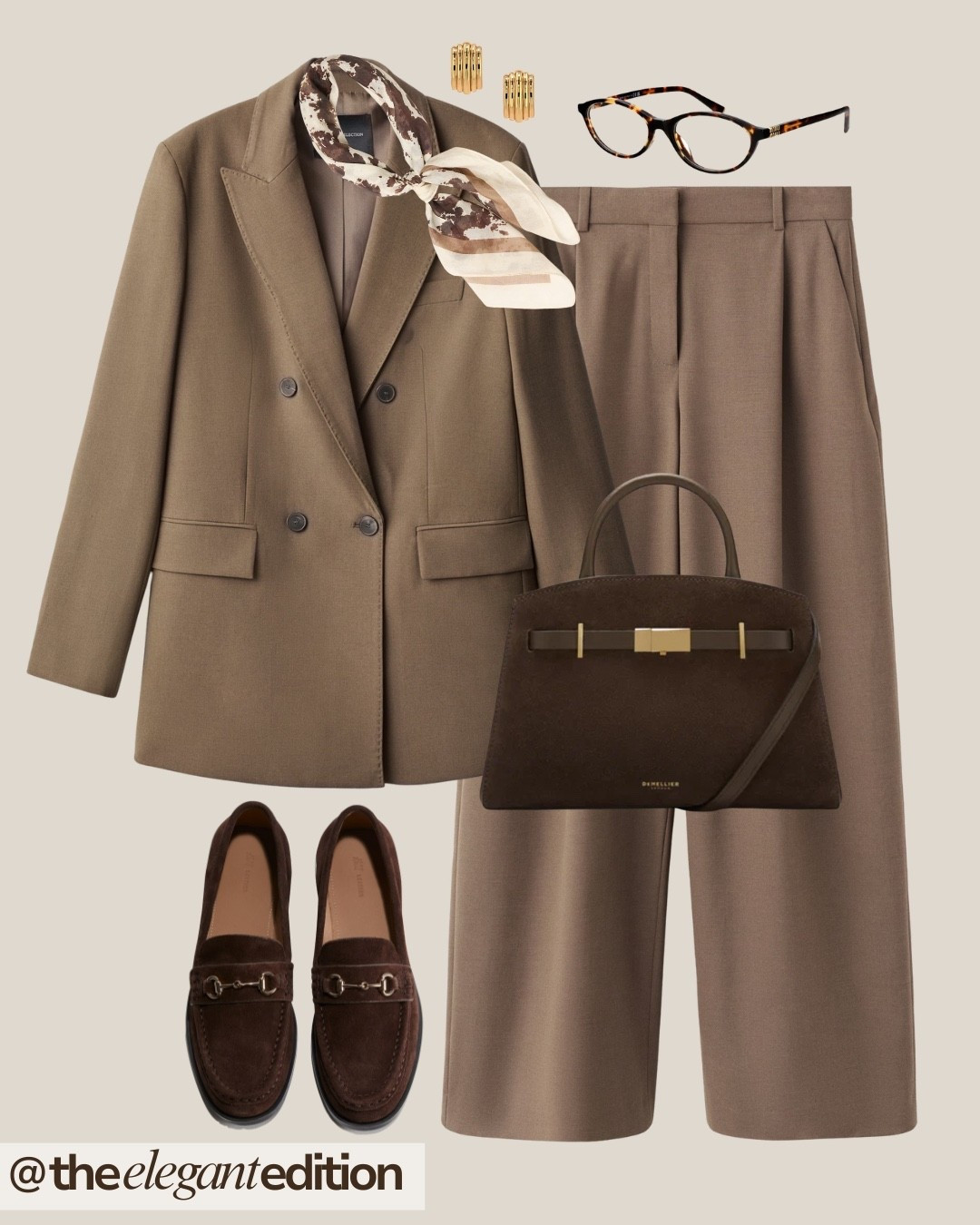 TONAL MOCHA MOUSSE SOPHISTICATION 🤎
mocha mousse double breasted blazer oversized jacket brown wide leg trousers pants matching suit silk scarf printed tortoise glasses gold earrings brown suede loafers Gucci horsebit dark brown leather handbag fashion autumn winter office outfit monochrome elegant style neutral tones

#LTKeurope #LTKstyletip #LTKworkwear