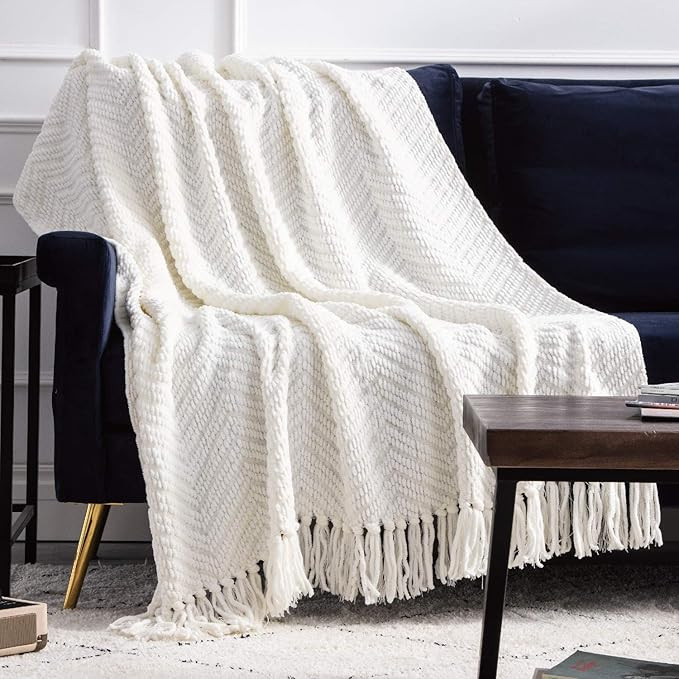 Bedsure White Throw Blankets for Couch, Textured Knit Woven Blanket, 50x60 Inch - Super Soft Warm... | Amazon (US)