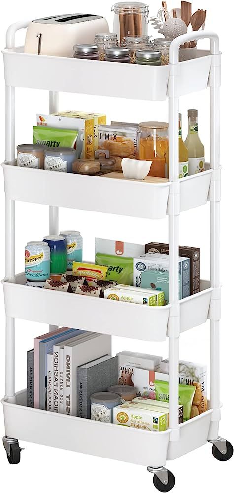 Sywhitta 4-Tier Plastic Rolling Utility Cart with Handle, Multi-Functional Storage Trolley for Of... | Amazon (US)